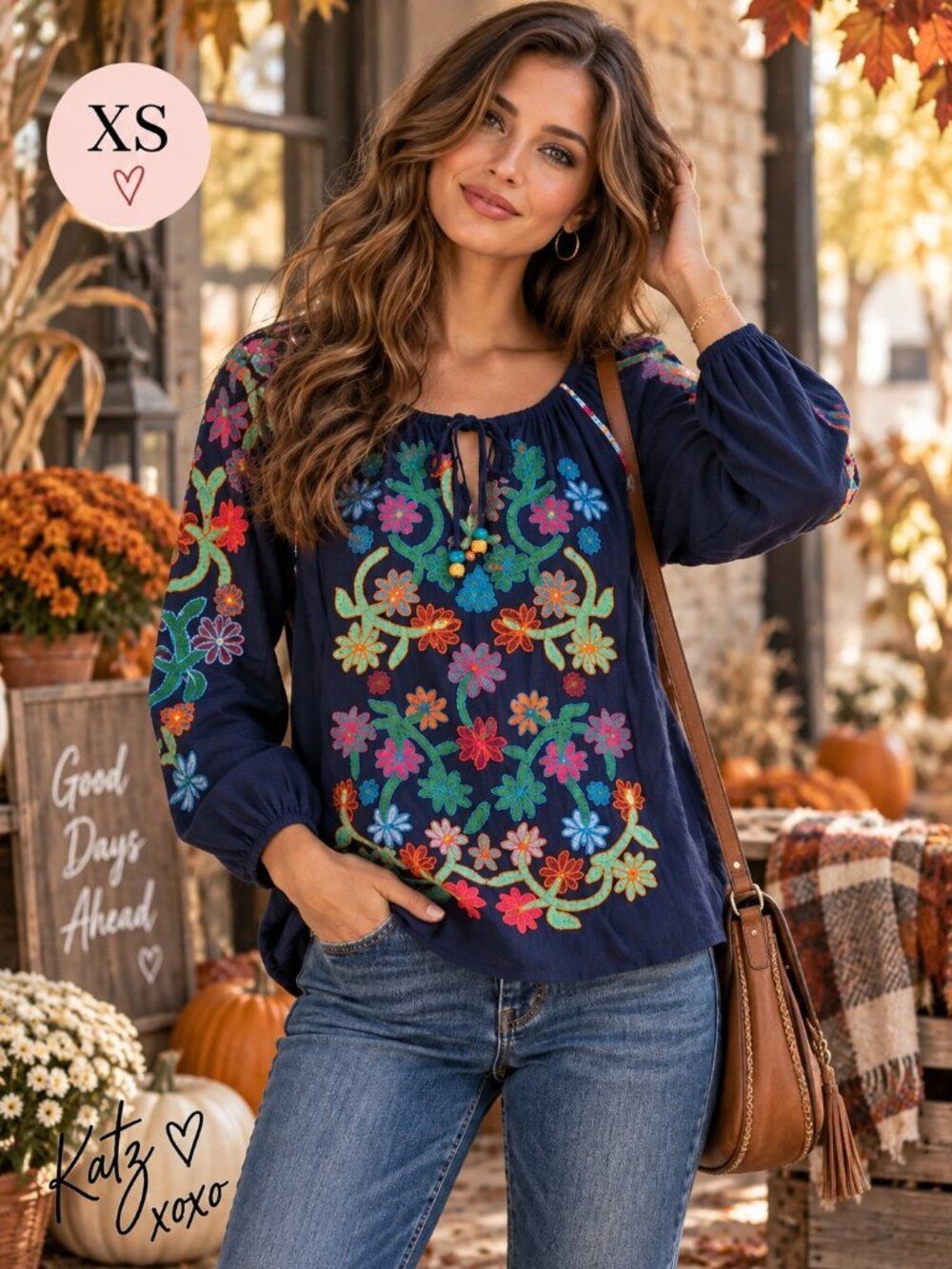 John Mark Embroidered Floral Blouse XS Navy Peasant Boho Artsy Fall Balloon Top